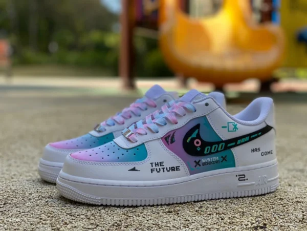 Videogioco AF1 bianco viola blu basso versione personalizzata di Nike Air Force 1 cyberpunk end game numero uno giocatore videogioco pixel sneakers basse bianco viola blu hu6395-756