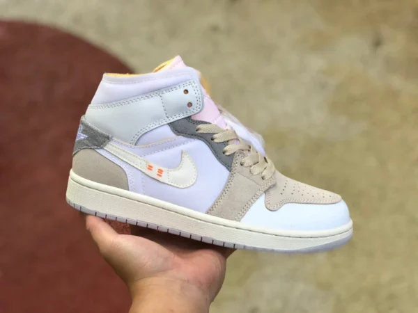 aj1mid bianco grigio piccolo ow Air Jordan 1 Mid AJ1 bianco grigio piccolo ow scarpe da basket con cuciture DM9652-100