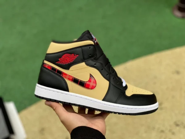 aj1mid nero marrone rosso puro originale Air Jordan 1 Mid AJ1 nero marrone rosso plaid Swoosh mid-top DZ5329-001