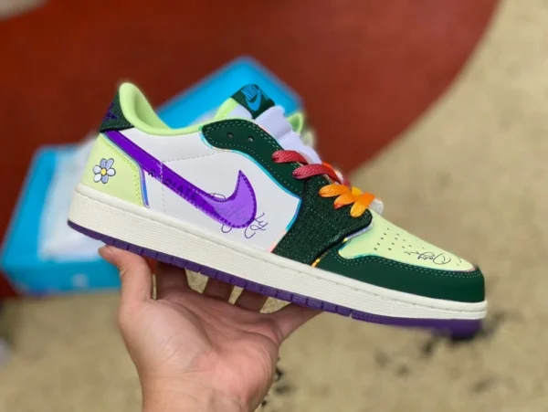 aj1 beneficenza bianche verdi viola basse Air Jordan 1 Low OG "Doernbecher" scarpe da basket retrò sgambate antiscivolo resistenti all'usura per uomo e donna stesso stile verde viola FD9665-351