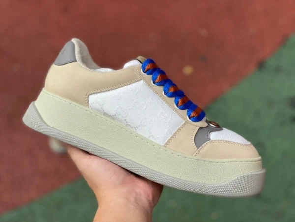 Gucci suola spessa paffuto riso grigio blu puro originale GUCCI Gucci Screener sneakers paffute in pelle GG con suola spessa allacciate alla moda