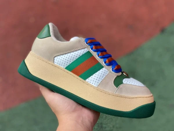 Gucci suola spessa paffuto riso grigio verde blu puro originale GUCCI Gucci Screener sneakers paffute in pelle GG con suola spessa allacciate alla moda