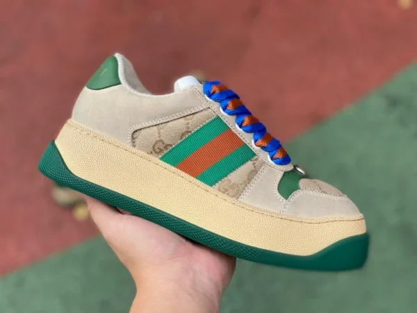 Gucci suola spessa paffuto riso grigio verde puro originale GUCCI Gucci Screener sneakers paffute in pelle GG con suola spessa allacciate alla moda