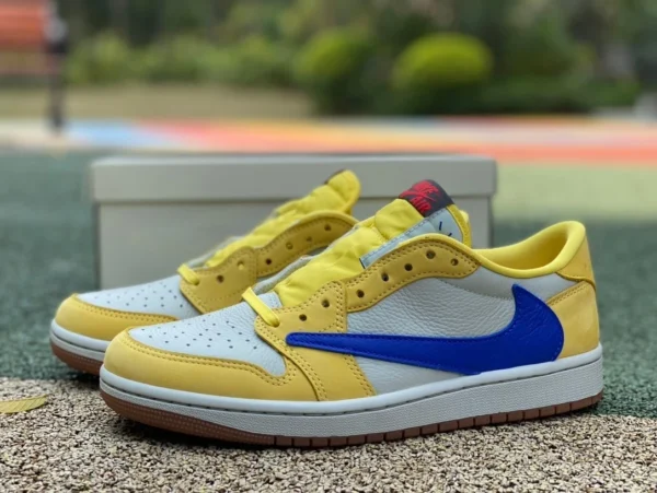 aj1 barb low-top edizione speciale bianca, gialla e blu prodotta da LJR Travis Scott x Air Jordan 1 Low “Canary” 8.0 barb low-top