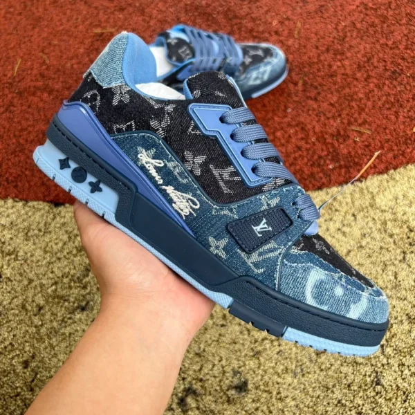 LV nero denim blu G puro originale LOUIS VUITTON Trainer sneakers basse in pelle con lacci